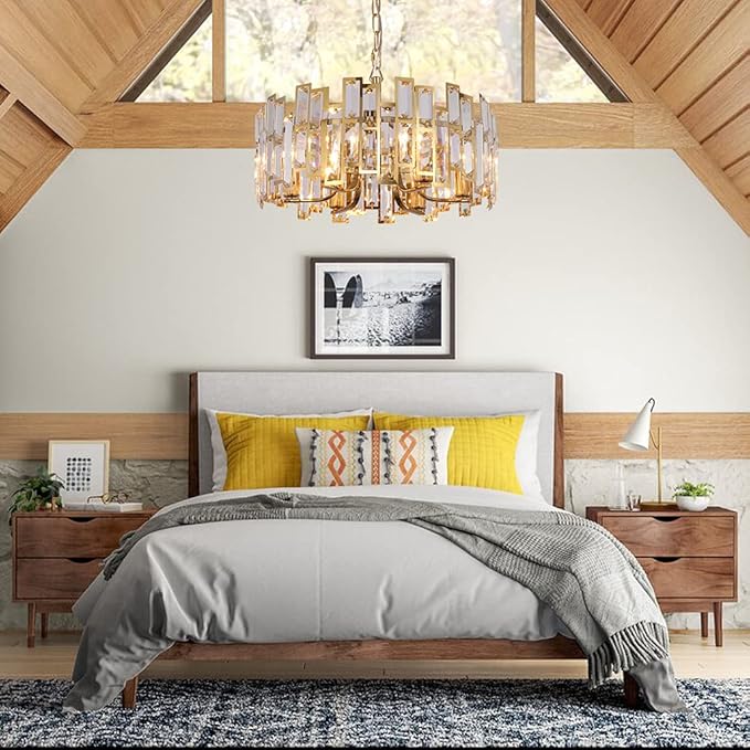 Gold Crystal Chandeliers Lighting Modern Crystal Chandelier 6 Light Contemporary Foyer Entrance Dining Room Ceiling Hanging Light Fixture Round D17.7