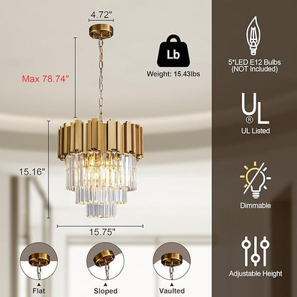 3-Tier 15.8" Modern Gold Crystal Chandelier, 5-Light Round K9 Crystal Pendant Light Fixture for Dining Room, Kitchen Island, Bedroom, Living Room, Foyer, Entryway
