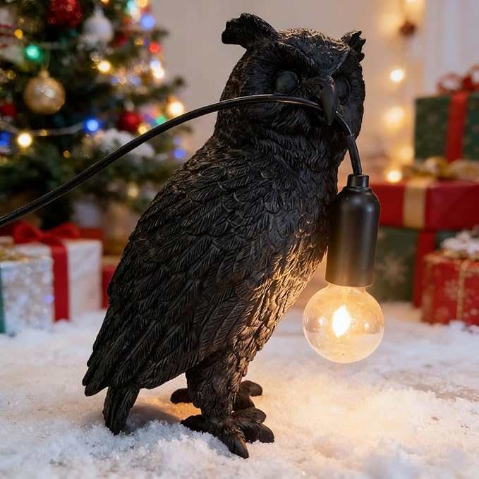 Resin Owl Table Lamp Themed Animal Desk Lamp Art Bird Night Light Lamp for Bedside,Living Room,Office Decor,AC 110V (Black Owl Lamp)