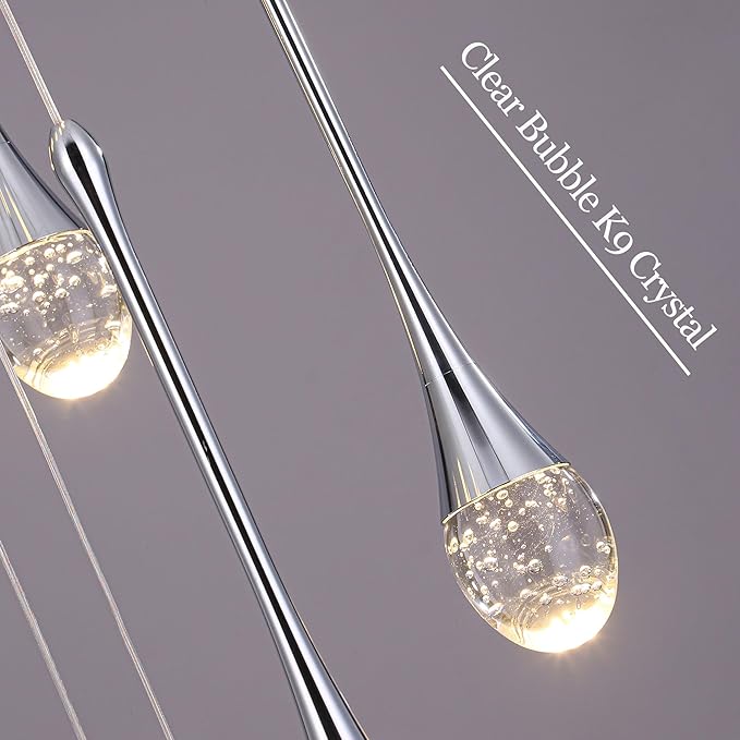 Modern Crystal Chandelier 7-Lights Chrome, H60'' High Ceiling Spiral Dimmable LED Bubble Crystal Raindrop Light Fixture for Foyer Entryway Dining Room Remote Control