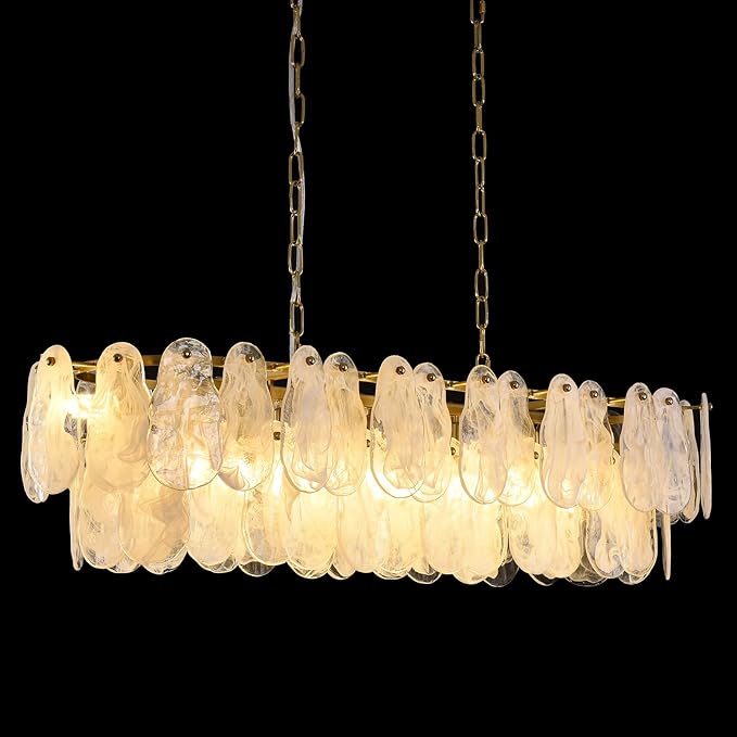 Modern Rectangle Glass Chandelier, 43.31 Inch Gold Luxury Crystal Pendant Light, 12-Light Oval Cloud-Shaped Fixture for Island Lights Dining Room, Living Room, E12 Socket