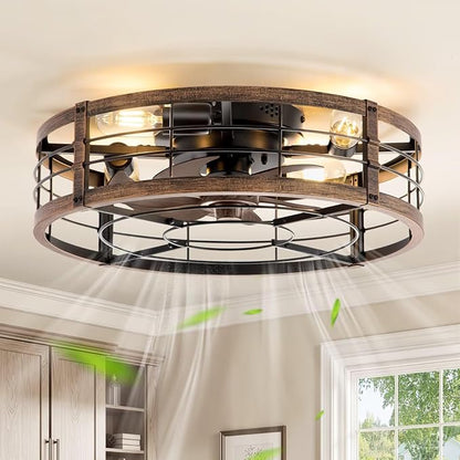 LEDIARY 20" Caged Ceiling Fan with Light and Remote, Low Profile Flush Mount Fandelier, Black Gold Bladeless Enclosed Small Fan Lights Ceiling Fixtures, Rustic Farmhouse Style for Bedroom, Outdoor