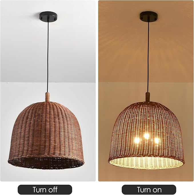 HUEHENGHAO 16.54" Dark Brown Rattan Pendant Light, 3-Light Rattan Chandelier Handmade Woven, Wicker Basket Chandelier Farmhouse for Dining Living Bedroom Kitchen