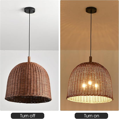 HUEHENGHAO 16.54" Dark Brown Rattan Pendant Light, 3-Light Rattan Chandelier Handmade Woven, Wicker Basket Chandelier Farmhouse for Dining Living Bedroom Kitchen