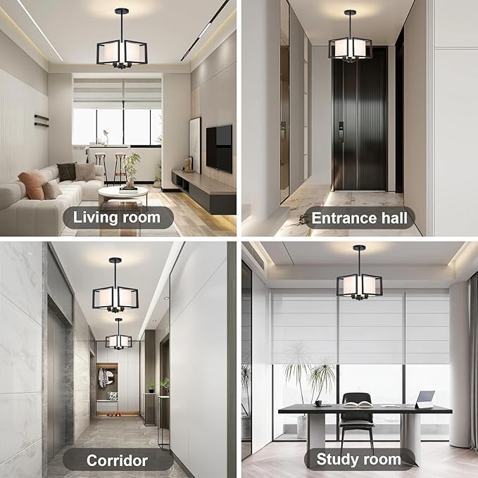 FRIDEKO HOME Flush Mount Ceiling Light Fixture - 3-Light Modern Semi Flush Mount Ceiling Light with Fabric Shade Black Metal Frame Drum Ceiling Lights for Bedroom Hallway Kitchen Living Room Entryway