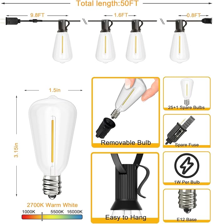 Svater Outdoor String Lights, 50 FT Patio String Lights with 25+1 ST38 Dimmable LED Shatterproof Waterproof Bulbs, Connectable Hanging Lights for Bistro Backyard Porch Balcony Party