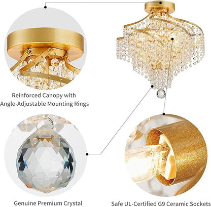 WUZUPS Crystal Chandelier Semi Flushmount Ceiling Light Modern Lighting Fixture for Bedroom Hallway Bar Kitchen Bathroom, H 14.7" x W 14.7", Gold, G9 Base
