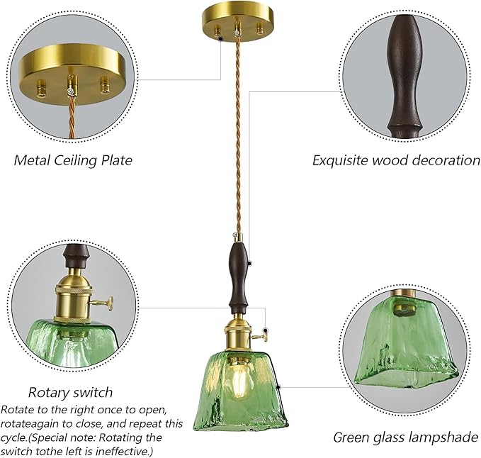 Green Glass Vintage Pendant Light Height Adjustable Handmade Glass Pendant Lights Kitchen Island Gold Hanging Light Fixture with Wood Handle for Bedroom Dining Room Hotel (3 Pack)