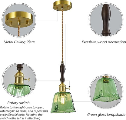 Green Glass Vintage Pendant Light Height Adjustable Handmade Glass Pendant Lights Kitchen Island Gold Hanging Light Fixture with Wood Handle for Bedroom Dining Room Hotel (2 Pack)