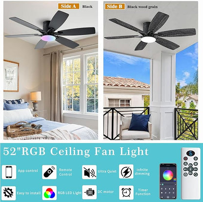 52inch Black Ceiling Fans with Lights and Remote/App Control, Low Profile Ceiling Fan with Light and 6 Double-Side blades, Flush Mount, LED/RGB Dimmable DC Reversible Modern Ceiling Fan for Bedroom