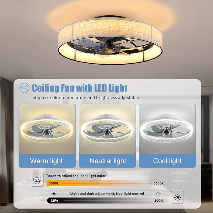 XUDOM19.6 Farmhouse Low Profile Flush Mount Ceiling Fan with Light and Remote,Fabric Bladeless Caged Fandelier with APP Control 6 Speed DC Motor,Timer,LED Dimmable for Bedroom,Living Room
