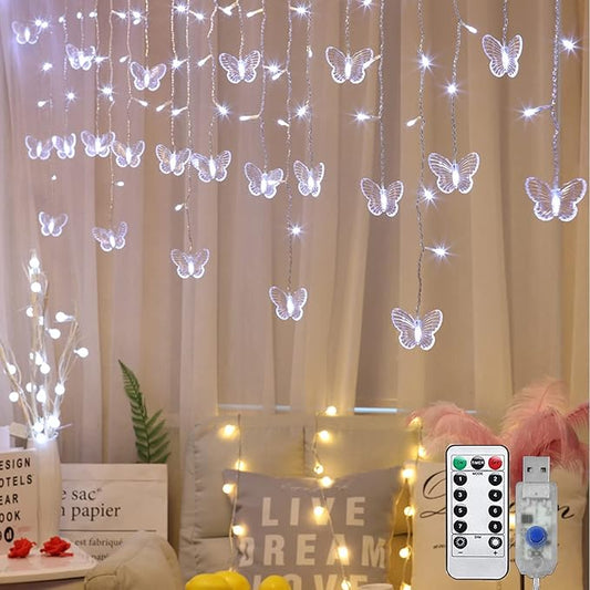Butterfly Curtain Lights, 13ft 96 LED USB Window Fairy Lights 16 Butterflies 8 Modes Firefly Twinkle Timer String Lights with Remote for Room Bedroom Wall Ceiling Party Wedding Christmas