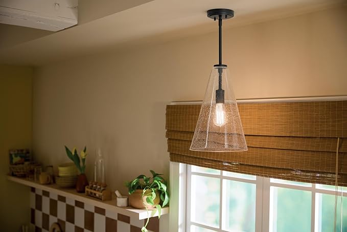 Kichler Everly 1-Light Bell Pendant Light Fixture with Clear Seeded Glass in Black for Kitchen Island, Dining Nook, or Home Bar, Modern Hanging Lamp (13.75" x 7"), 2456BKCS