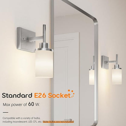 Bathroom Light Fixtures Brushed Nickel Vanity Lights with White Frosted Glass Shade, Wall Lamp for Mirror Kitchen Bedroom Porch, 2 Pack T001BR-L1-P2