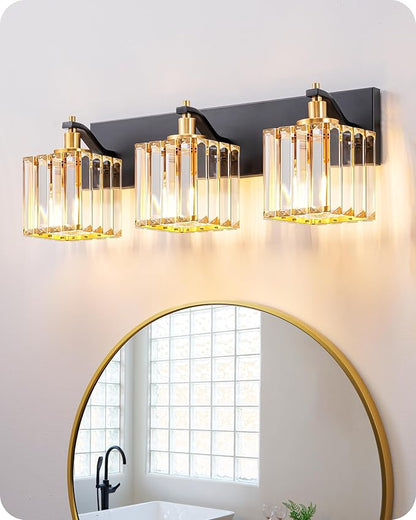 EDISHINE Modern Crystal Bathroom Vanity Light, 3-Lights Bathroom Light Fixtures Over Mirror, Black and Gold Vanity Light for Bathroom, Powder Room, Brass Wall Light Fixtures, E26 Base