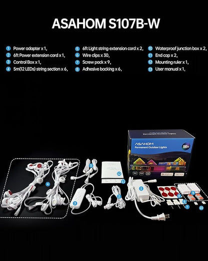 ASAHOM AI Permanent Outdoor Lights S107B, 100FT with 72 RGBCW LED Lights, 30,000 Lighting Effect, Controller with Dual Output, Extend to 800FT, Cuttable for House Outdoor Decor Daily Lighting, White