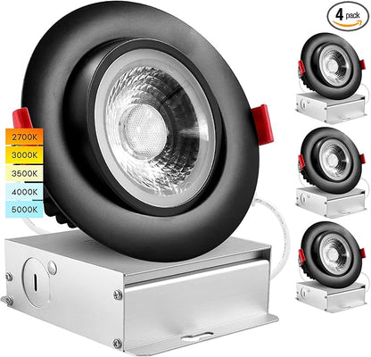 LUXRITE 4 Inch Gimbal LED Recessed Light with Junction Box, 11W=75W, 5CCT Color Selectable 2700K-5000K, Adjustable Swivel LED Eyeball Lights, 1000LM, Dimmable, Damp Rated, ETL Listed, Black (4 Pack)