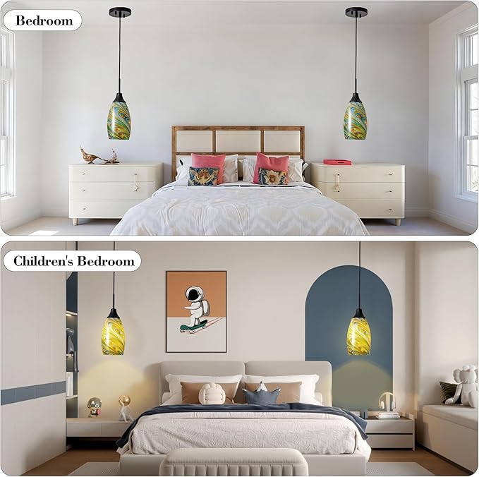 Viinew Mini Glass Pendant Light 4.72" Colorful Pattern Oval Pendant Lights 1-Pack Handblown Art Glass Hanging Pendant Light for Kitchen Island Dining Room Living Hallway Matte Black Metal