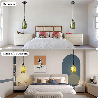 Viinew Mini Glass Pendant Light 4.72" Colorful Pattern Oval Pendant Lights 1-Pack Handblown Art Glass Hanging Pendant Light for Kitchen Island Dining Room Living Hallway Matte Black Metal