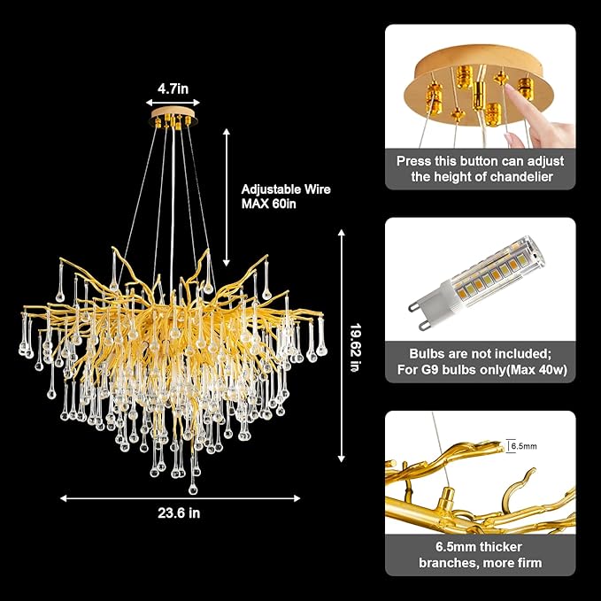 Gold Crystal Chandelier for Dining Room - 23in Modern Raindrop Teardrop Tree Branch Brass Chandeliers for Living Room, Bedroom, Entryway, Foyer, High Ceiling, Bathroom(Bulb not Included)