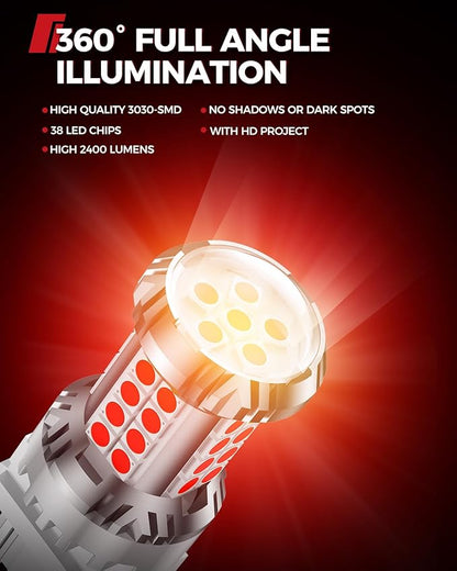 Torchbeam Newly Upgraded 3157 Red LED Bulb, LED Brake Tail Light Bulbs, 600% Brighter 3056 3057 4057 4157 3457 Brake Stop High Mount Stop Tail Taillights with HD Lens for Cars, Non-polarity, 2 Pack