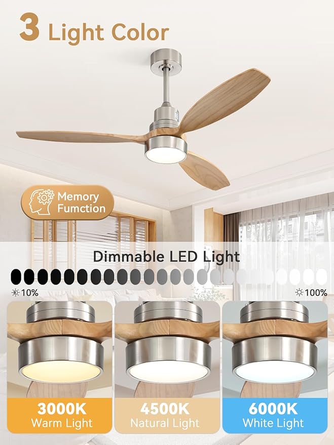 Sofucor 52 Inch Solid Wood Smart Ceiling Fans with Lights and Remote, Works with App/Alexa/Google, 6-Speed Outdoor Ceiling Fan with Light, 3 Blade Ceiling Fan, Quiet DC Motor for Living Room Patio