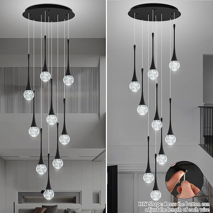 Modern Black Crystal Chandelier for High Ceiling 9-Lights, 99 Inches Luxury Spiral Dimmable LED Bubble Raindrop Pendant Lighting Fixture for Staircase Foyer Entryway Living Room