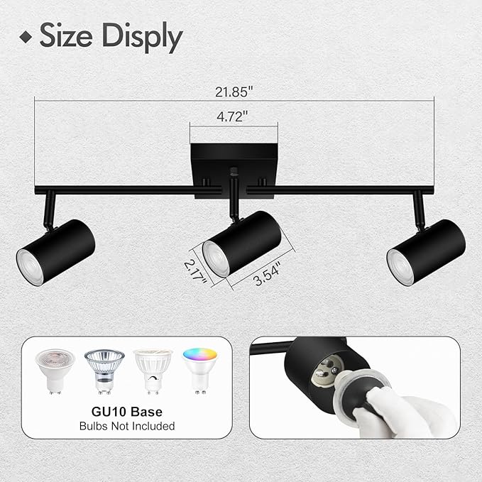 AUQUEE 3 Light Track Lighting Fixtures Ceiling, Black LED Track Lighting Kit, Modern Kitchen Track Lights with Rotatable Light Heads, Ceiling Spot Lighting for Living Room/Hallway/Bar, No GU10 Bulb