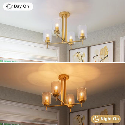 4-Light Modern Sputnik Chandelier Gold Sputnik Semi Flush Mount Ceiling Light with Striped Glass Shade for Living Room Dining Room Kitchen Island Bedroom Hallway Entryway Foyer