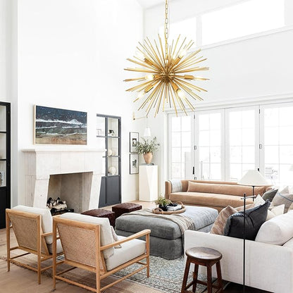 Modern 20in Gold Sputnik Chandelier 9-Lights Mid-Century Starburst Chandelier Solid Metal Firework Satellite Urchin Light Fixture Over Table for Foyer Dining Room Kitchen Bedroom Living Room