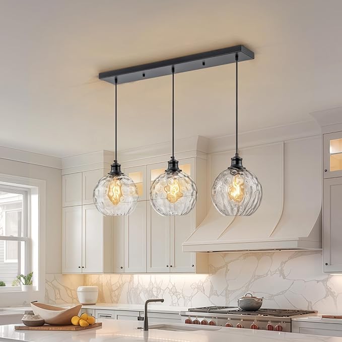 3 Light Pendant Lighting, Black Island Lights for Kitchen, 31.5" Globe Pendant Light with Clear Hammered Glass Shade, Adjustable Farmhouse Hanging Light Fixtures for Dining Room