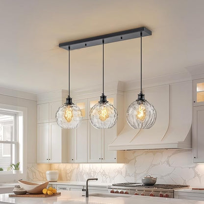 3 Light Pendant Lighting, Black Island Lights for Kitchen, 31.5" Globe Pendant Light with Clear Hammered Glass Shade, Adjustable Farmhouse Hanging Light Fixtures for Dining Room