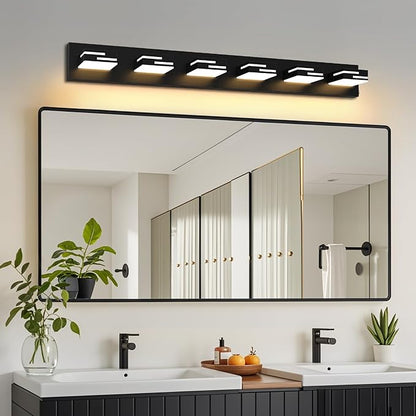 LED Modern Bathroom Vanity Light Fixtures 6-Light 40-inch 5CCT Dimmable Matte Black Vanity Lights for Bathroom Lighting Fixtures Over Mirror, with 360° Rotatable Acrylic Heads