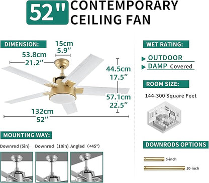 YITAHOME Ceiling Fan with Light and Wall Switch Remote, 52 Inch Modern Gold White Fan, Quiet Reversible Motor, Dimmable LED Color, Memory Function for Bedroom Living Room Patio Indoor