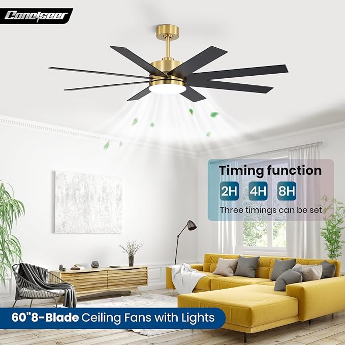 60 Inch Ceiling Fans with Lights and Remote, Dual Color 6 Blades, Bedroom Living Room Office Library Cafe Outdoor Industrial, 3CCT Dimmable, 6 Speed Reversible Quiet DC Motor, Gold/Wood Grain