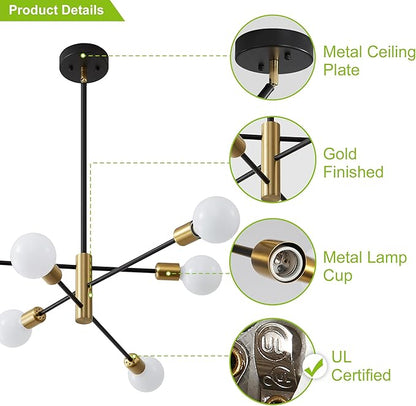 Sputnik Chandelier Mid Century Modern Industrial E26 Pendant Lighting Chandeliers Ceiling Light Fixture Black and Gold Light for Living Room,Kitchen,Bedroom,Dining Room and Farmhouse