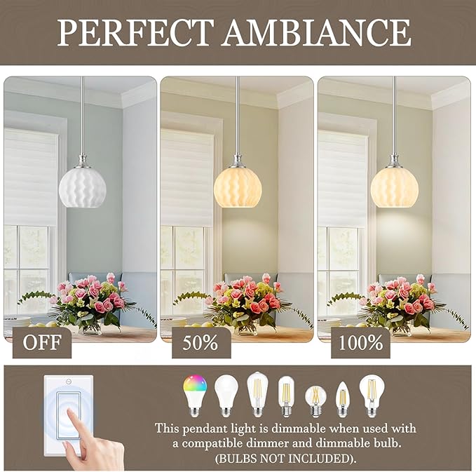 Brushed Nickel Pendant Lights Kitchen Island, 7.3" 1-Light Modern Milk Glass Globe Light Fixtures with Adjustable Rods, Hanging Ceiling Lighting for Sink, Hallway (E26 Base)