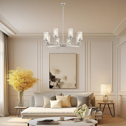 Brushed Nickel Chandeliers for Dining Room | 8 Lights Living Room Light Fixture Over Table | Farmhouse Chandelier with Clear Glass Shade | Hallway Lighting for Kitchen Island | Bedroom | Restaurant