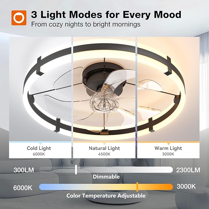 addlon 24'' Ceiling Fans with Lights and Remote, Low Profile Flush Mount Ceiling Fan with Light, 3000-6000K Dimmable LED Fandelier, Modern Small Black Ceiling Fan for Bedroom, Kitchen, Living Room