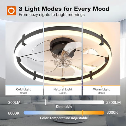 addlon 24'' Ceiling Fans with Lights and Remote, Low Profile Flush Mount Ceiling Fan with Light, 3000-6000K Dimmable LED Fandelier, Modern Small Black Ceiling Fan for Bedroom, Kitchen, Living Room