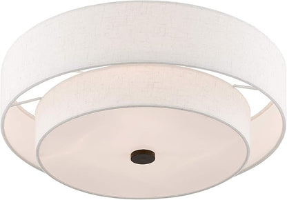 Livex Lighting 51085-92 4-Light Semi Flush Mount Ceiling Fixture with Oatmeal Color Fabric Hardback Drum Shade and Satin White Diffuser, English Bronze