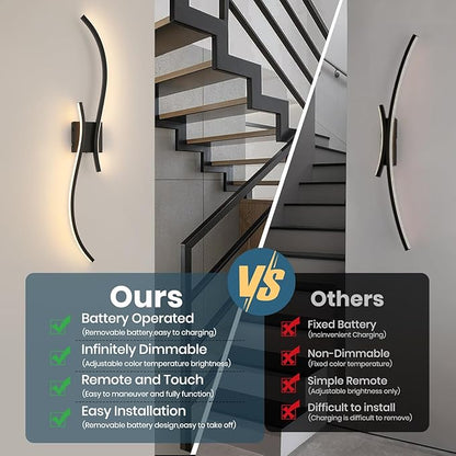 Battery Operated Wall Sconce Set of 2, 18000mAh Black Rechargeable Wall Lights with Remote Control,3000K-6000K Dimmable LED Wireless Wall Light for Living Room Bedroom Hallway,39.3 Inch (Black)