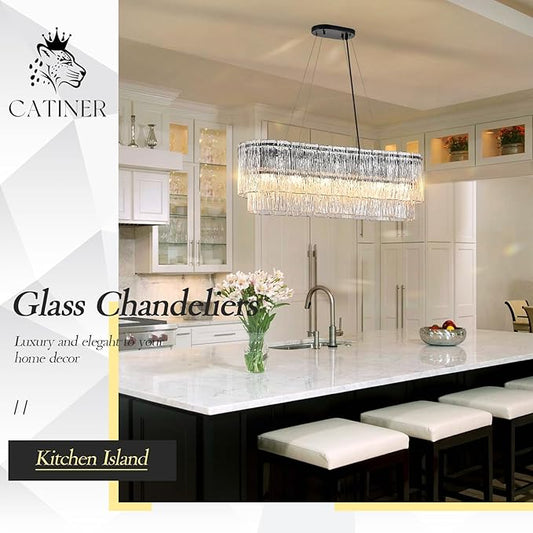 CATINER Black Rectangle Chandeliers for Dining Room Modern Crystal Glass Island Light 6-Light Chandelier Luxury Rectangular Linear Hanging Pendant Light Fixture for Kitchen L35.5”