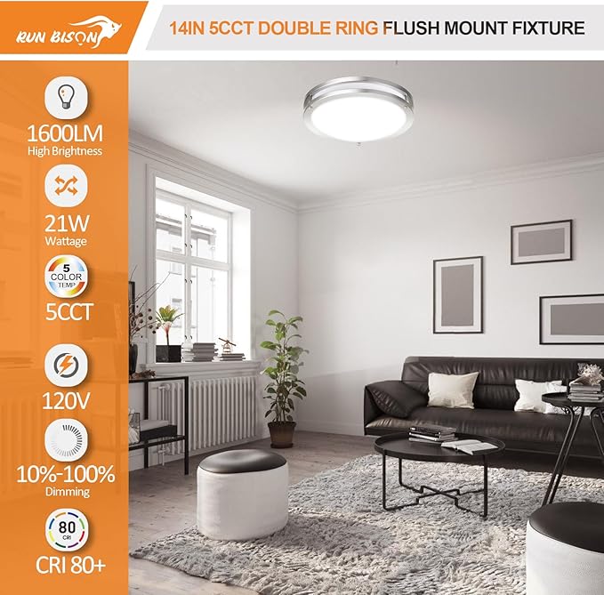 14IN Double Ring LED Ceiling Light Fixture, 21W, 1600LM, with 5CCT 2700K-5000K Adjustable, Dimmable Flush Mount Light Fixture for Hallway, Bedroom, Kitchen, ETL Listed - 4PK