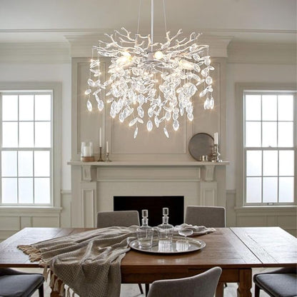 EGM 18-Inch Silver Crystal Chandeliers for Dining Room, Modern Crystal Chandelier for Bedroom, 6-Light Silver Tree Branch Chandelier for Living Room, Raindrop Leaf Chandeliers for Home Décor, E12