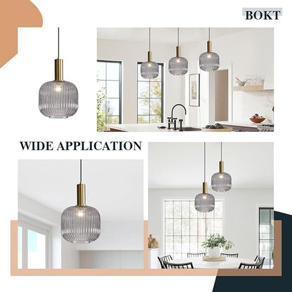 BOKT Modern Smoke Gray Glass Pendant Light 2-Pack Kitchen Island Globe Striped Pendant Lights Farmhouse Adjustable Cord Hanging Light Fixture for Dining Room