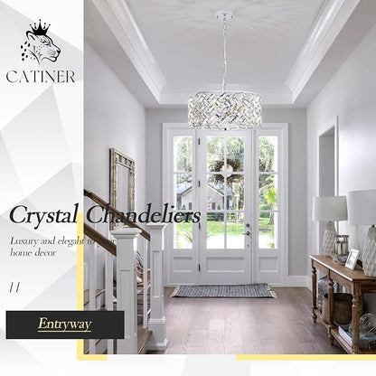 CATINER Chrome Crystal Chandeliers, Modern Semi Flush Mount Ceiling Light, 6-Light Round Crystal Hanging Pendant Light Fixtures, D18” for Dining Room Entryway Kitchen Hallway K9 Crystal