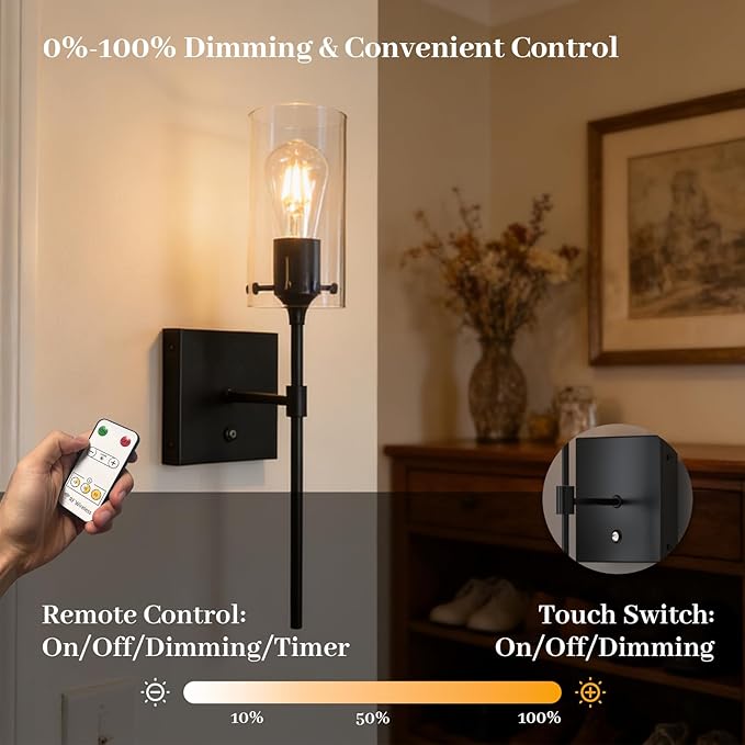 Dimmable Battery Operated Wall Sconce Set of 2, Rechargeable Wall Mount Light No Wiring, Easy Install Wireless Wall Lamp for Living Room Bedroom Hallway Farmhouse Indoor, Bulb Included