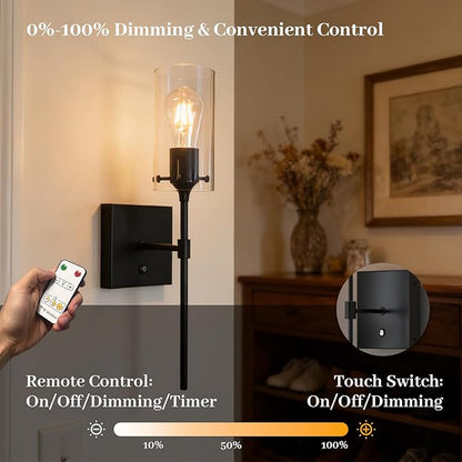 Dimmable Battery Operated Wall Sconce Set of 2, Rechargeable Wall Mount Light No Wiring, Easy Install Wireless Wall Lamp for Living Room Bedroom Hallway Farmhouse Indoor, Bulb Included