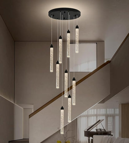 Crystal Staircase Chandelier, Modern Black Spiral Dimmable LED Cluster Raindrop Foyer Chandelier Lighting, Bubble Living Room Hanging Light Fixture 9 Light Remote Control